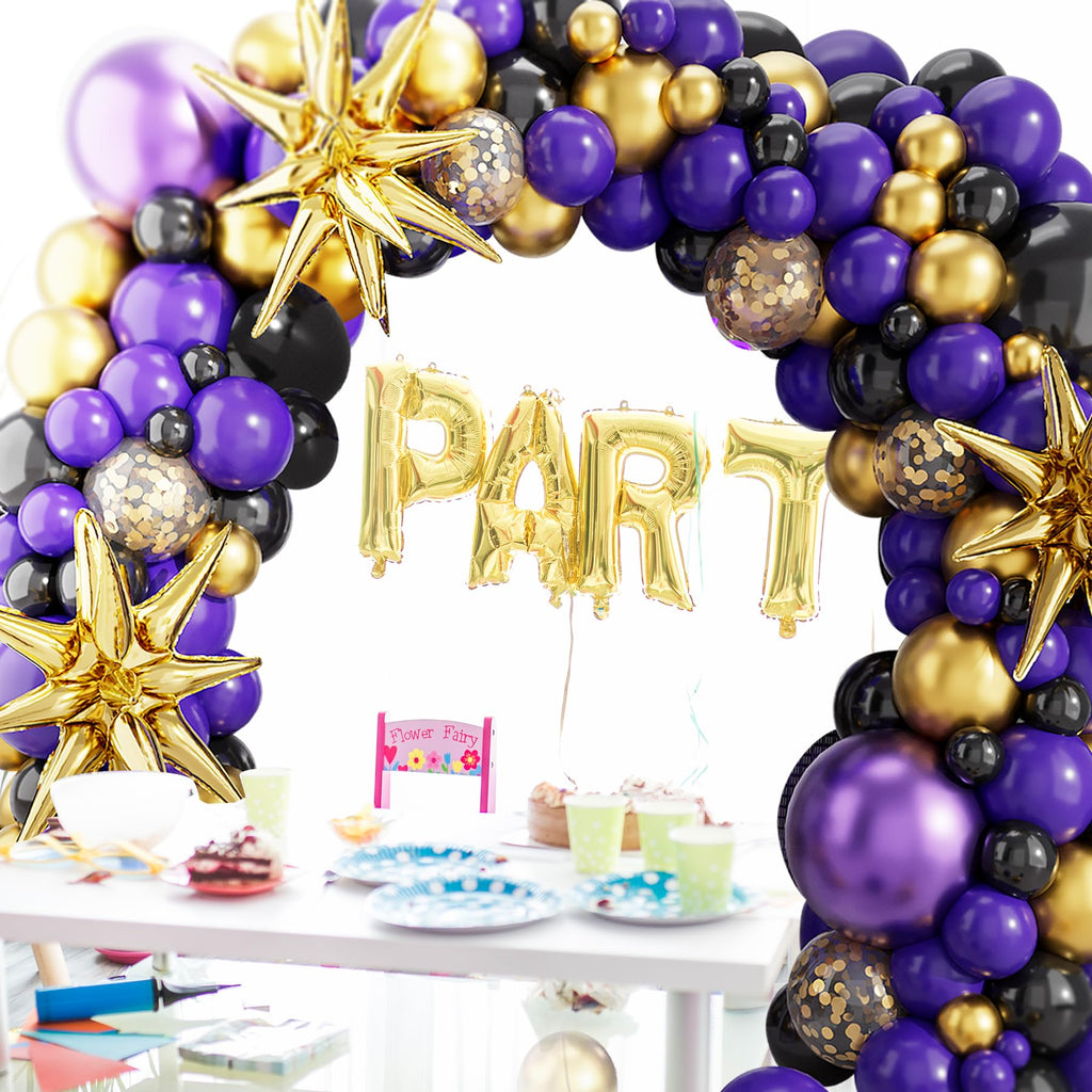 deiiom Purple Black Balloon Arch Kit – 127 Pieces with Metallic Gold Star Foil for Graduation, Birthday, Easter