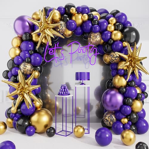 deiiom Purple Black Balloon Arch Kit – 127 Pieces with Metallic Gold Star Foil for Graduation, Birthday, Easter