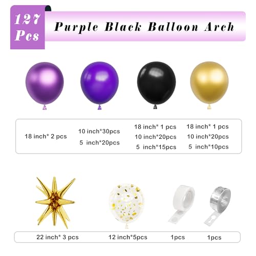 deiiom Purple Black Balloon Arch Kit – 127 Pieces with Metallic Gold Star Foil for Graduation, Birthday, Easter
