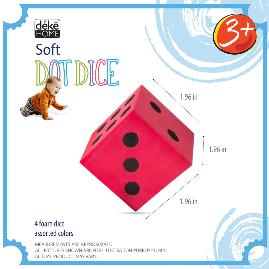 Deke Home Foam Dice Set (Pack of 4) - Large 1.96-Inch, Quiet, Non-Toxic EVA Dice for Classroom Math & Counting Games