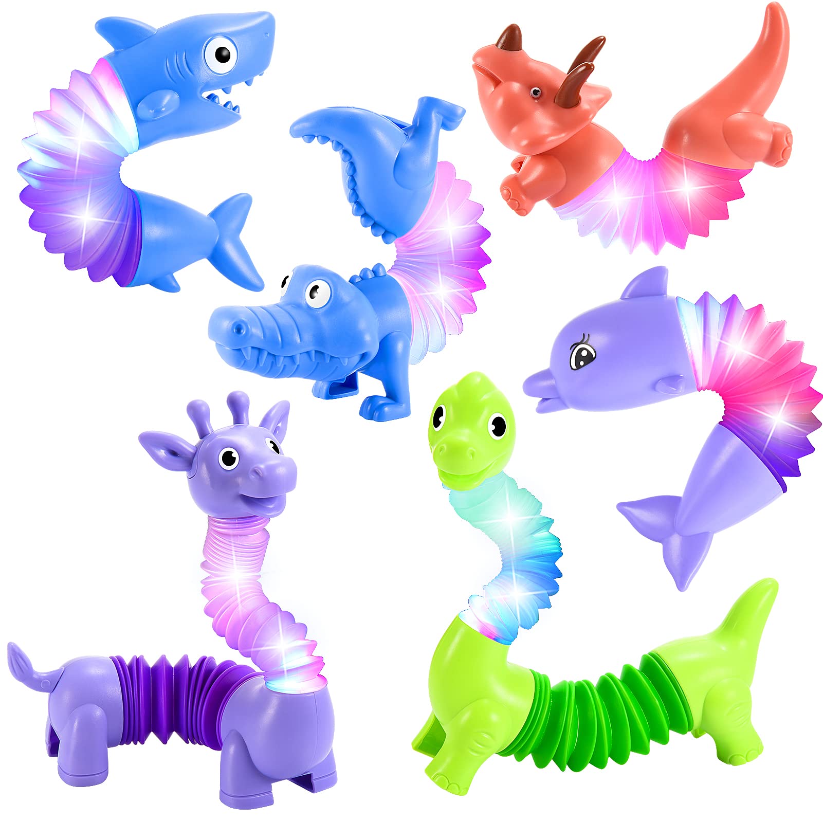 Delighkidz 6-Pack Animal LED Pop Tubes for Toddlers Age 3-8 – Sensory Fidget Toys with Dinosaur, Giraffe, Shark and More