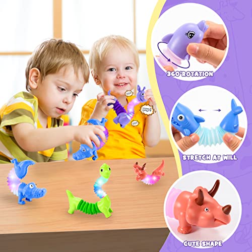 Delighkidz 6-Pack Animal LED Pop Tubes for Toddlers Age 3-8 – Sensory Fidget Toys with Dinosaur, Giraffe, Shark and More