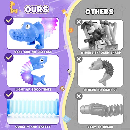 Delighkidz 6-Pack Animal LED Pop Tubes for Toddlers Age 3-8 – Sensory Fidget Toys with Dinosaur, Giraffe, Shark and More