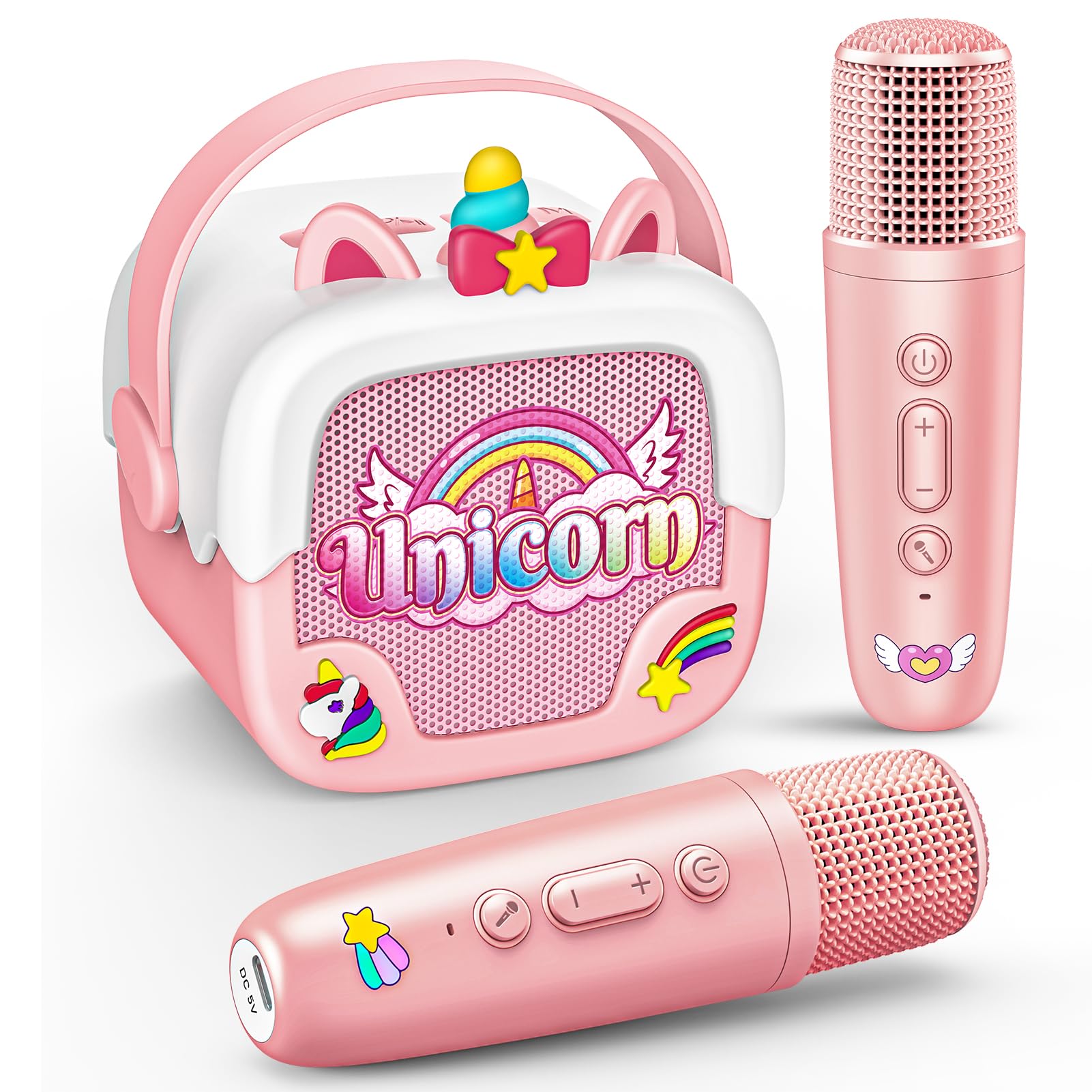 Delighkidz Mini Karaoke Machine for Kids - Unicorn Bluetooth Speaker with 2 Wireless Mics, Pink