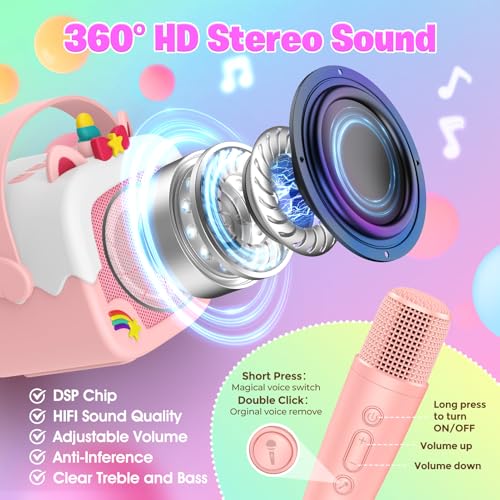 Delighkidz Mini Karaoke Machine for Kids - Unicorn Bluetooth Speaker with 2 Wireless Mics, Pink