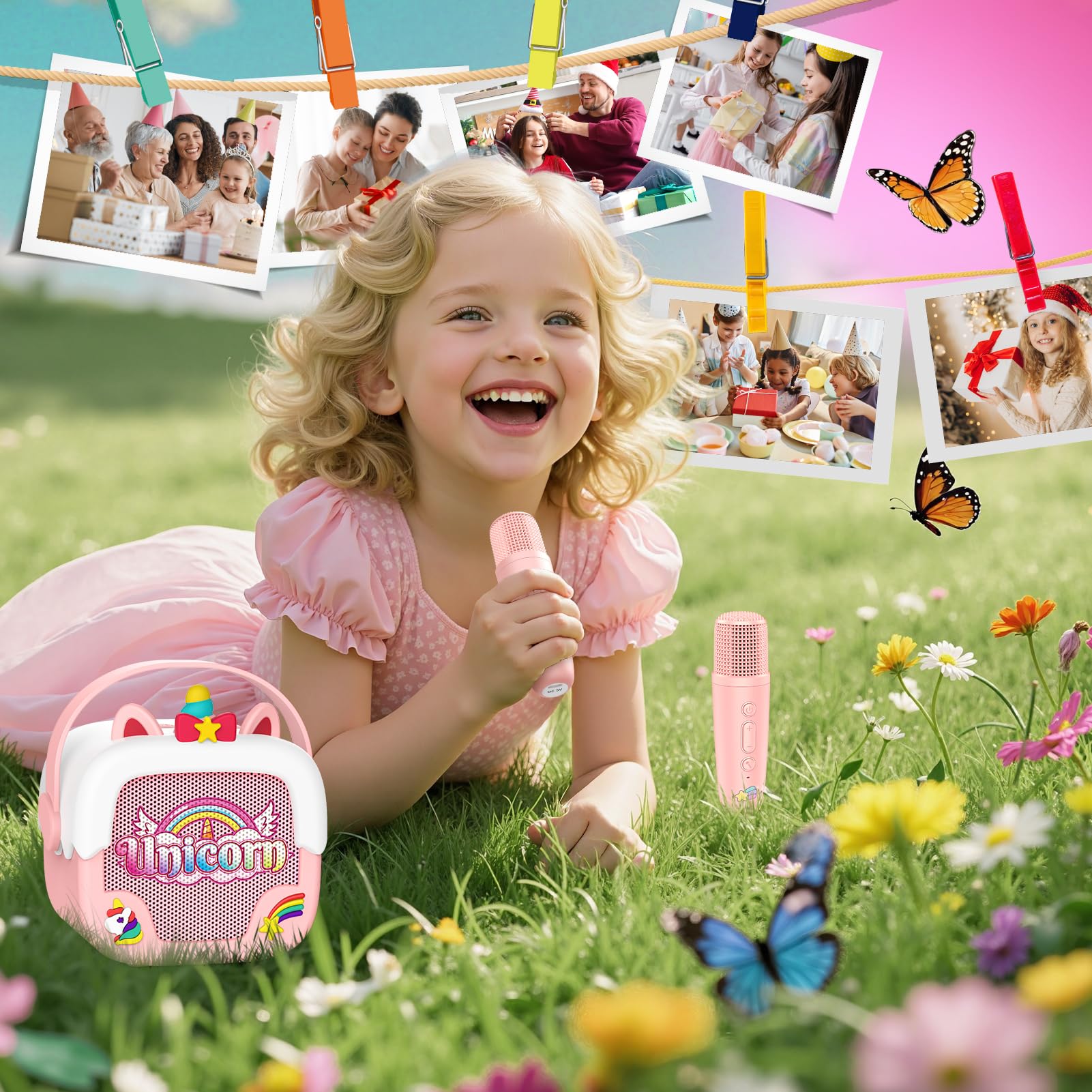 Delighkidz Mini Karaoke Machine for Kids - Unicorn Bluetooth Speaker with 2 Wireless Mics, Pink