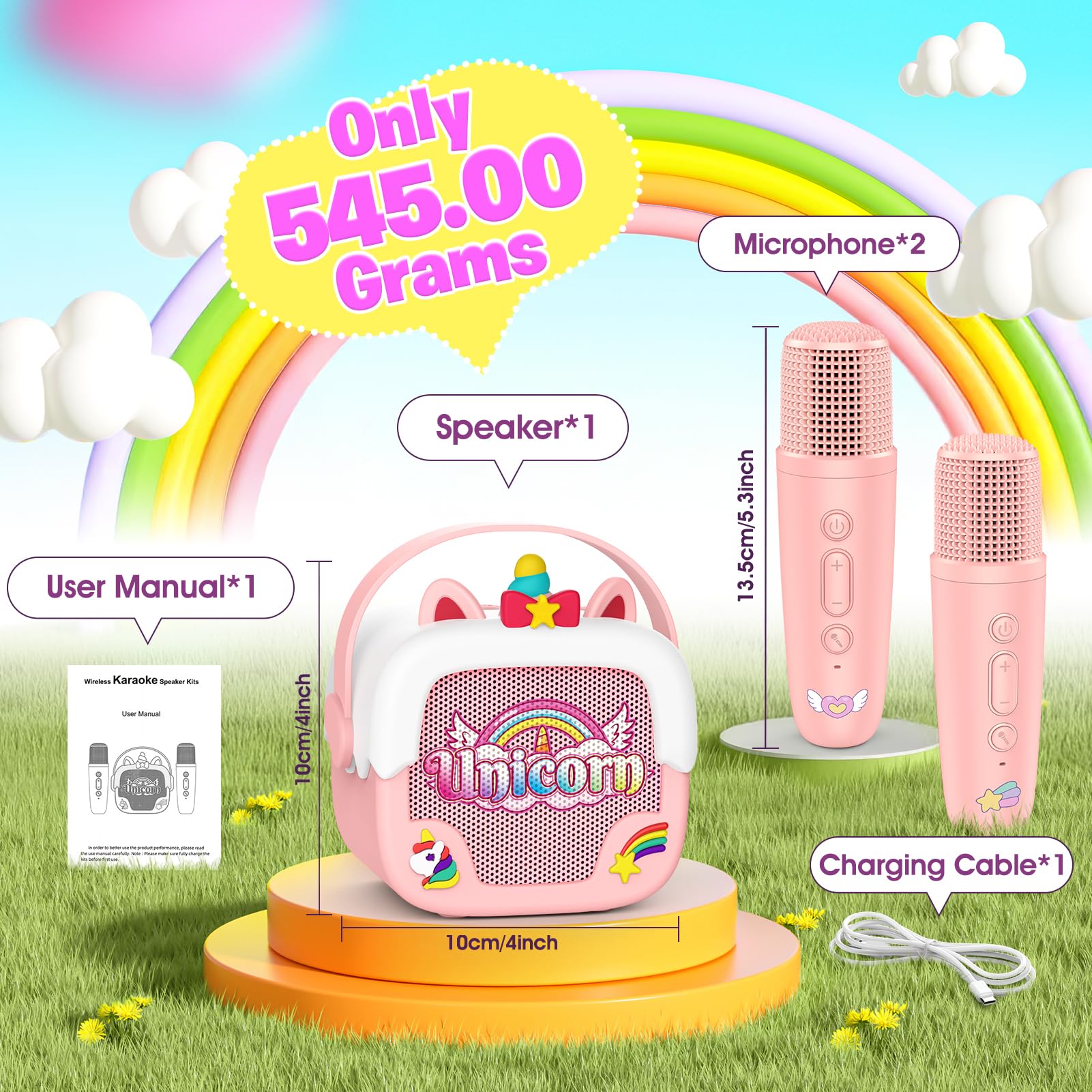Delighkidz Mini Karaoke Machine for Kids - Unicorn Bluetooth Speaker with 2 Wireless Mics, Pink