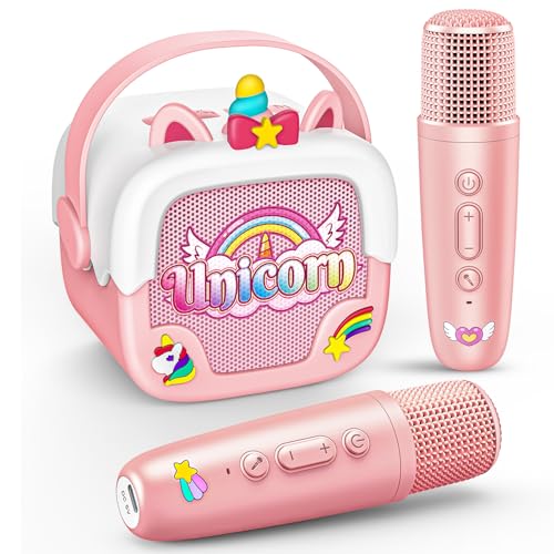 Delighkidz Mini Karaoke Machine for Kids - Unicorn Bluetooth Speaker with 2 Wireless Mics, Pink