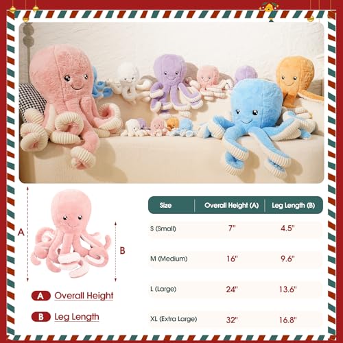 DENTRUN Giant Octopus Plush Toy – 5 Colors & 4 Sizes, Ultra-Soft Cuddly Sea Animal Stuffed Doll for Kids and Adults