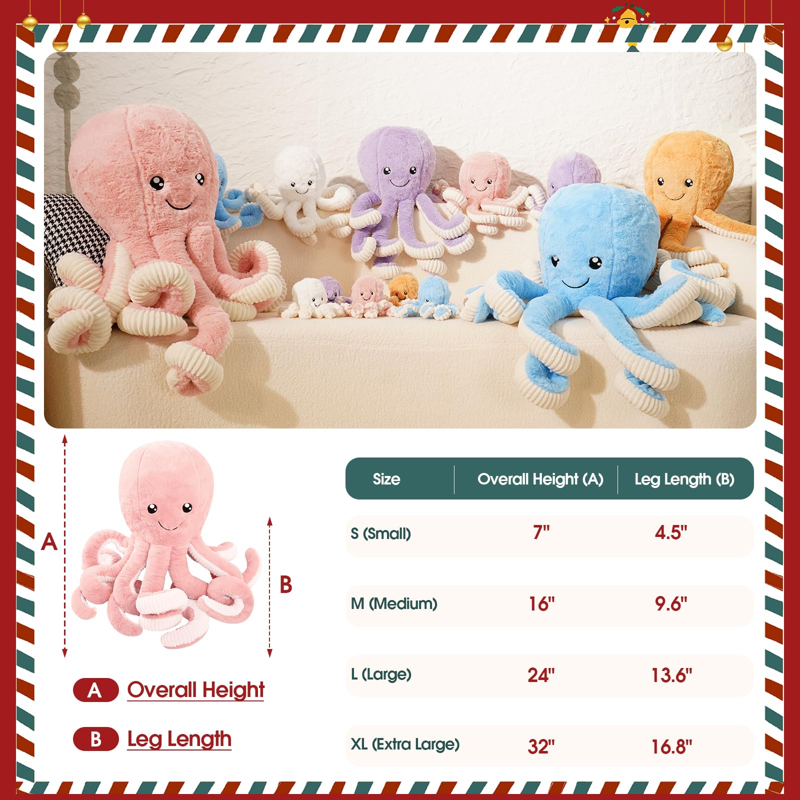 DENTRUN Giant Octopus Plush Toy – 5 Colors & 4 Sizes, Ultra-Soft Cuddly Sea Animal Stuffed Doll for Kids and Adults
