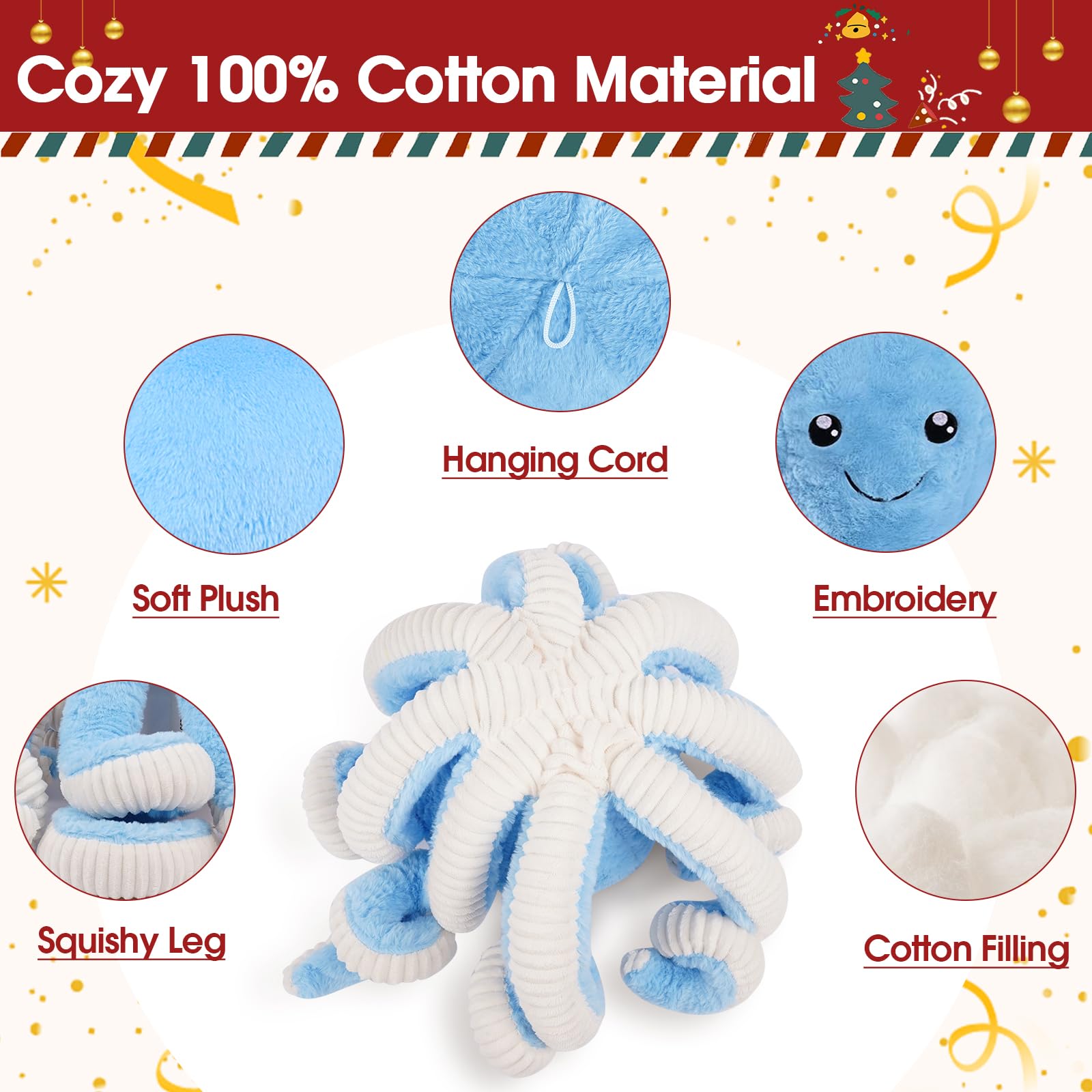 DENTRUN Giant Octopus Stuffed Animal - Soft Plush Toy in 5 Colors and 4 Sizes, Cuddly Sea Animal Doll for Kids and Adults