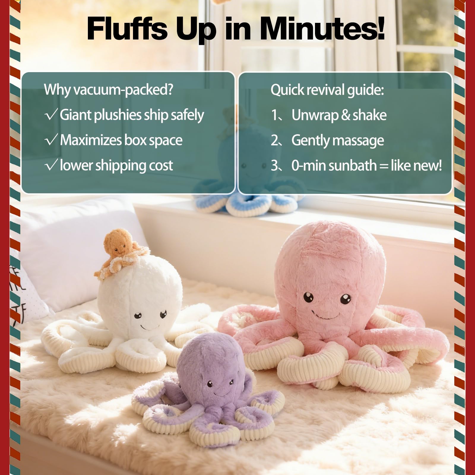 DENTRUN Giant Octopus Stuffed Animal - Soft Plush Toy in 5 Colors and 4 Sizes, Cuddly Sea Animal Doll for Kids and Adults