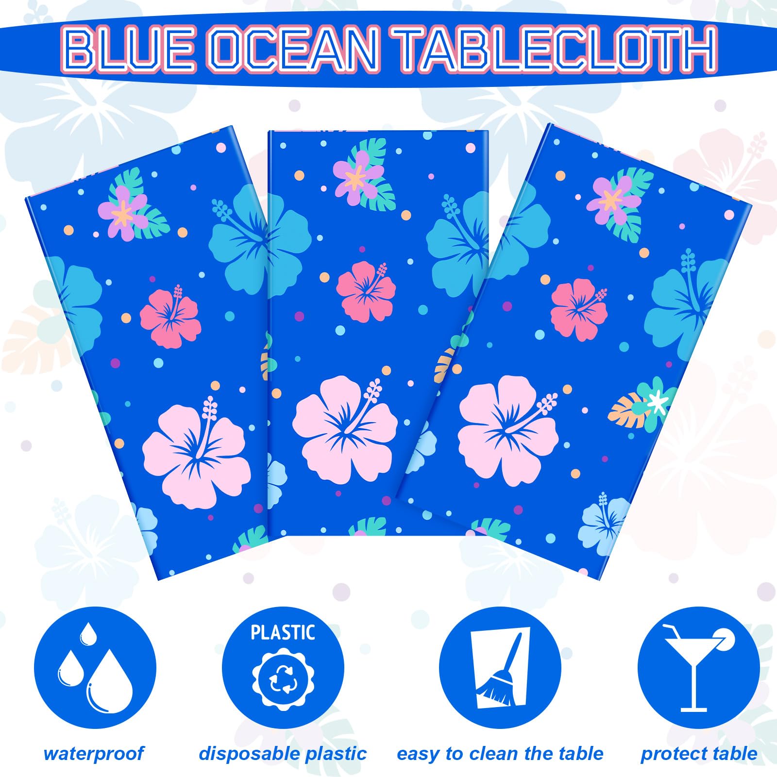 DERTE 3-Pack Blue Alien Hawaiian Birthday Tablecloth – Disposable Plastic Waterproof Rectangular Table Covers