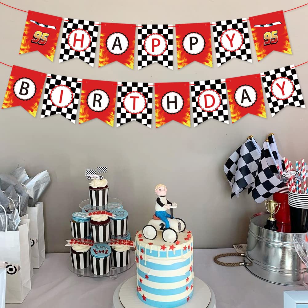 Derzhssg Race Car Birthday Banner - Checkered Flag Party Decor with Ribbon & Needle