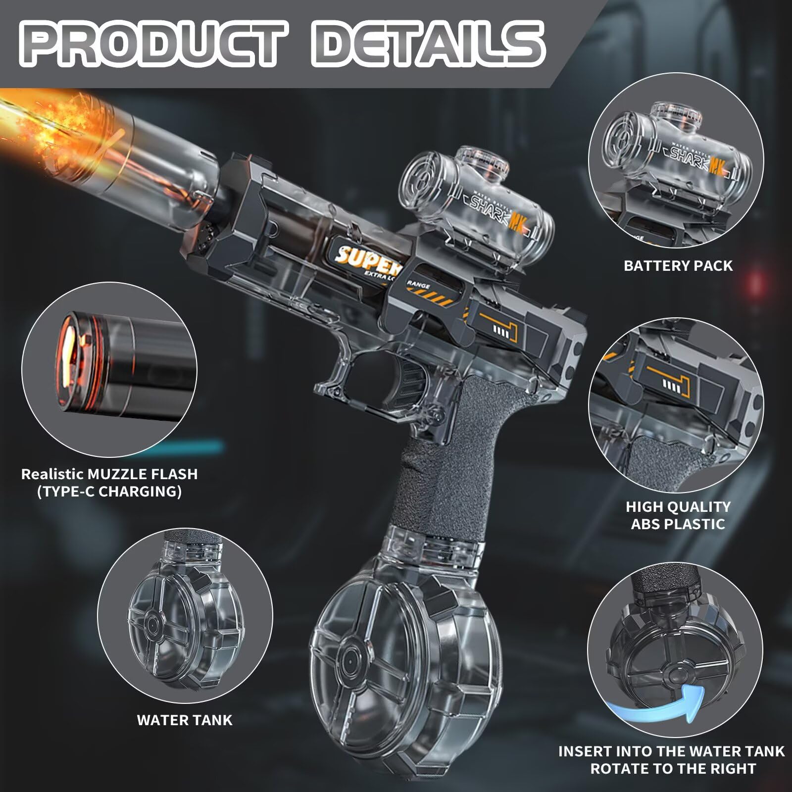 Deserthome Electric Water Gun with LED Lights, 32ft Range, Auto & Manual Modes – Gray
