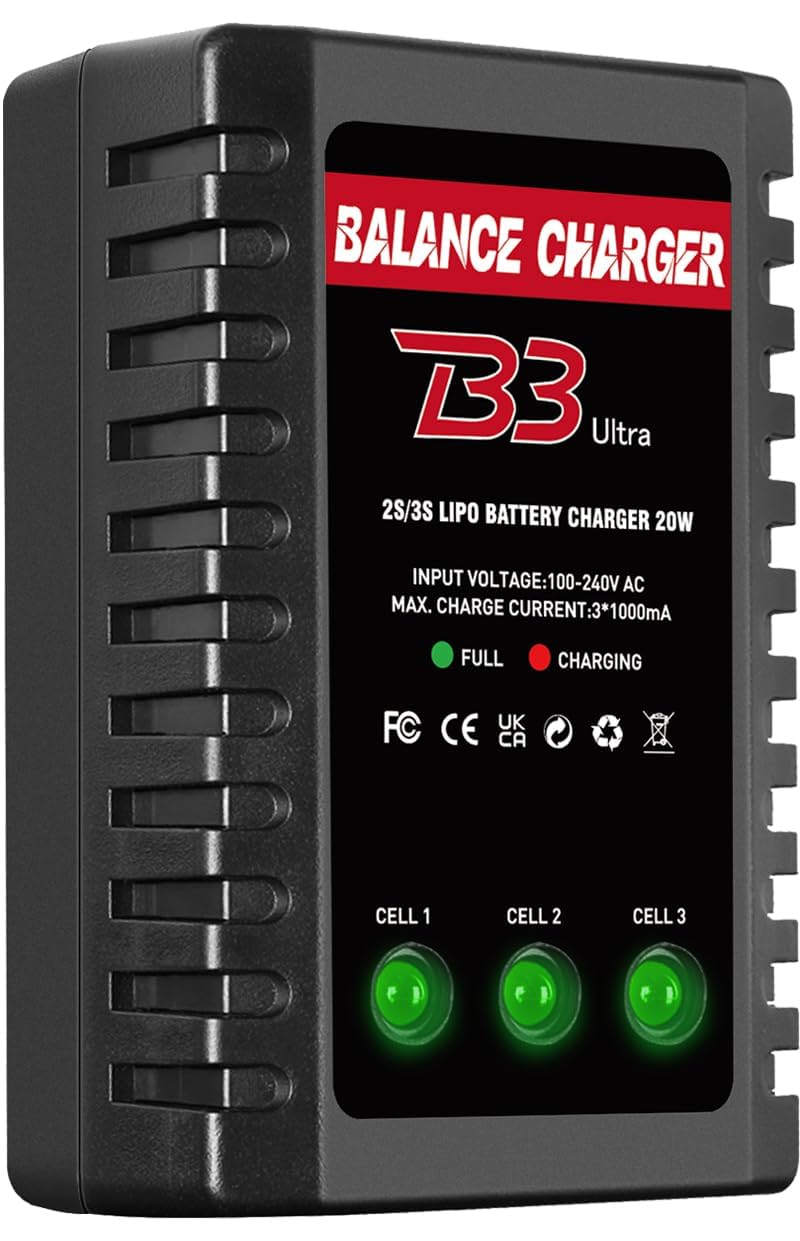 Dght LiPo Balance Charger 2S-3S – Compact RC Charger with XHR Plug, AC 100-240V, LED Charge Status