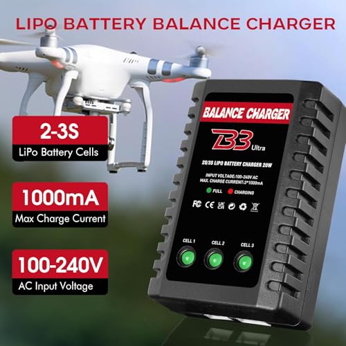Dght LiPo Balance Charger 2S-3S – Compact RC Charger with XHR Plug, AC 100-240V, LED Charge Status