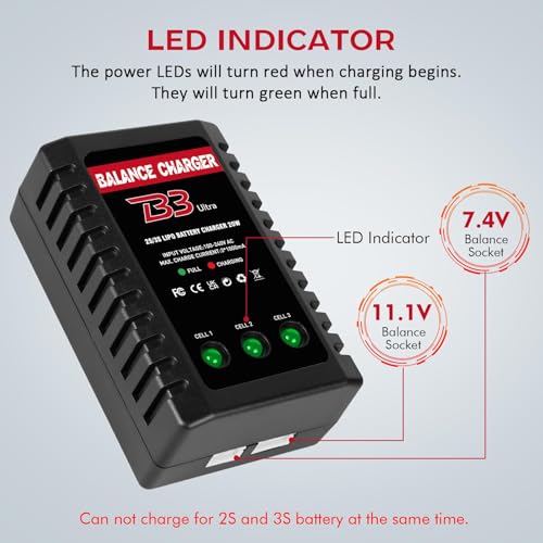 Dght LiPo Balance Charger 2S-3S – Compact RC Charger with XHR Plug, AC 100-240V, LED Charge Status