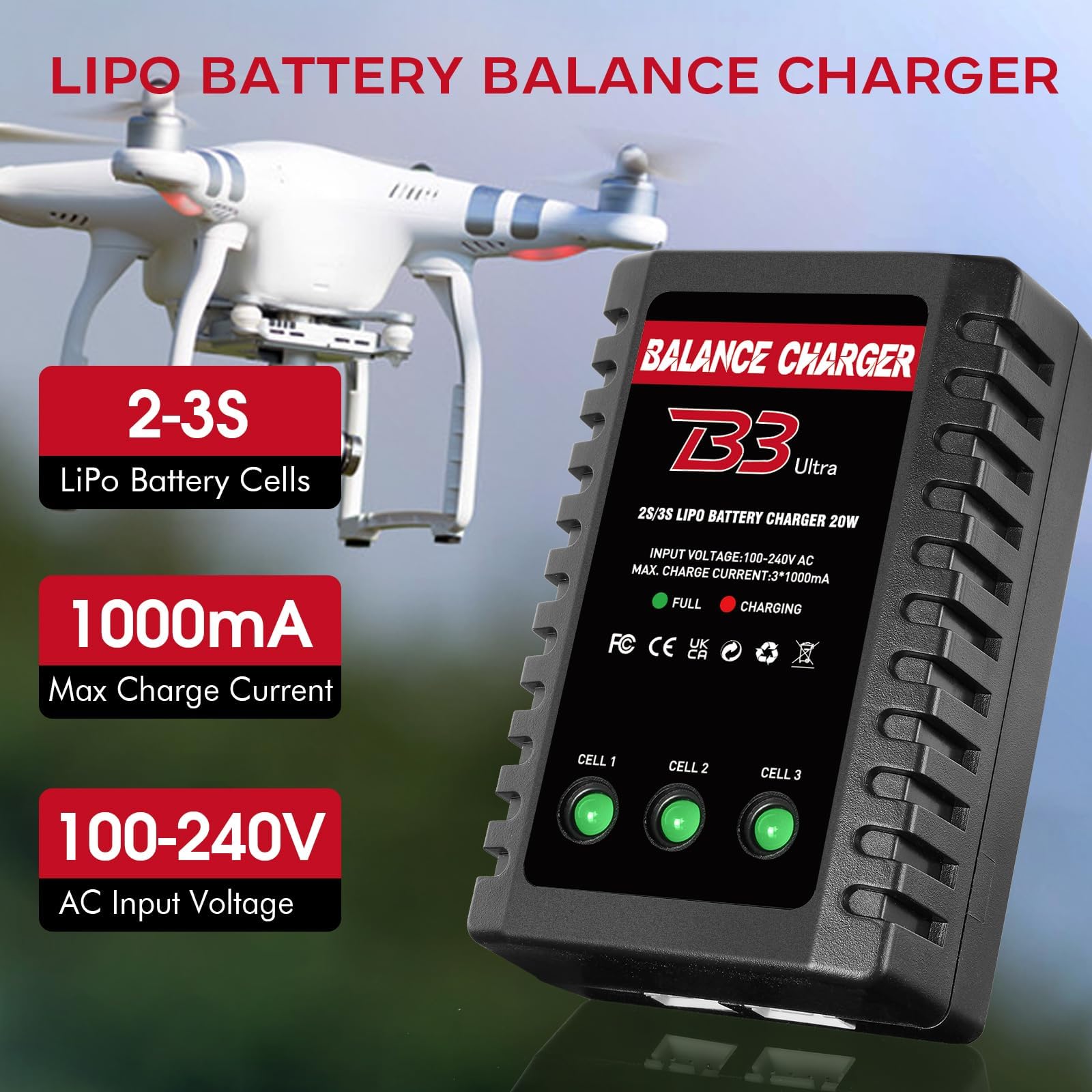 Dght LiPo Balance Charger 2S-3S – Compact RC Charger with XHR Plug, AC 100-240V, LED Charge Status
