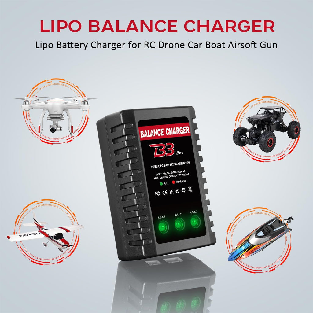 Dght LiPo Balance Charger 2S-3S – Compact RC Charger with XHR Plug, AC 100-240V, LED Charge Status