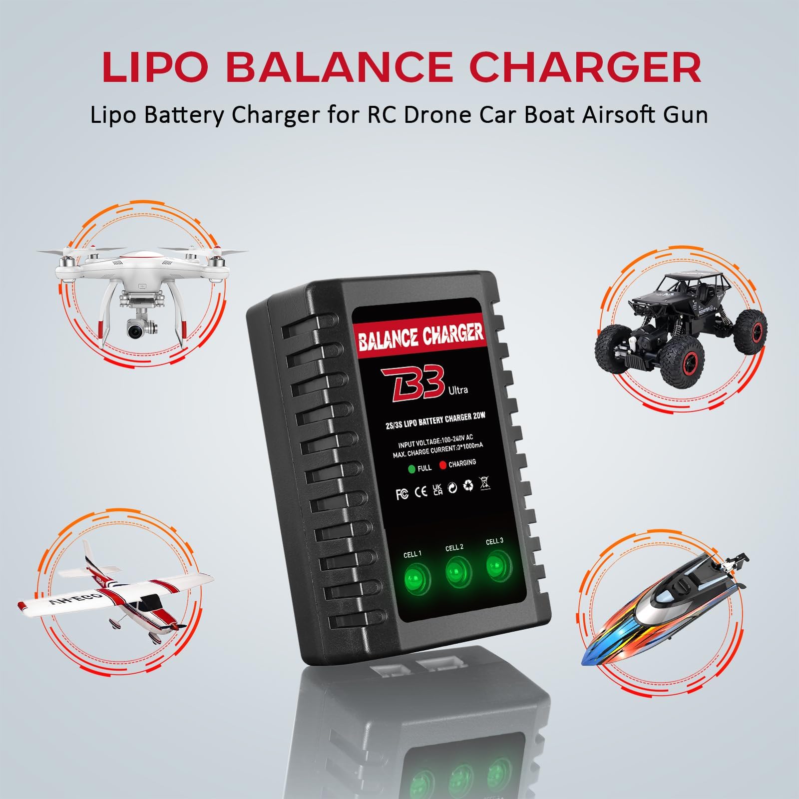 Dght LiPo Balance Charger 2S-3S – Compact RC Charger with XHR Plug, AC 100-240V, LED Charge Status