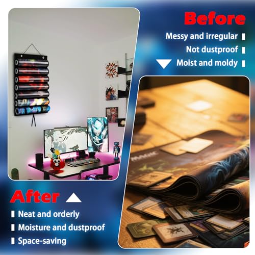 DHRRDE 6-Tube Playmat Organizer – Hanging Storage for MTG, TCG Mats with 2 Hooks and Clear Sleeves