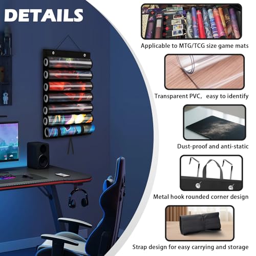 DHRRDE 6-Tube Playmat Organizer – Hanging Storage for MTG, TCG Mats with 2 Hooks and Clear Sleeves