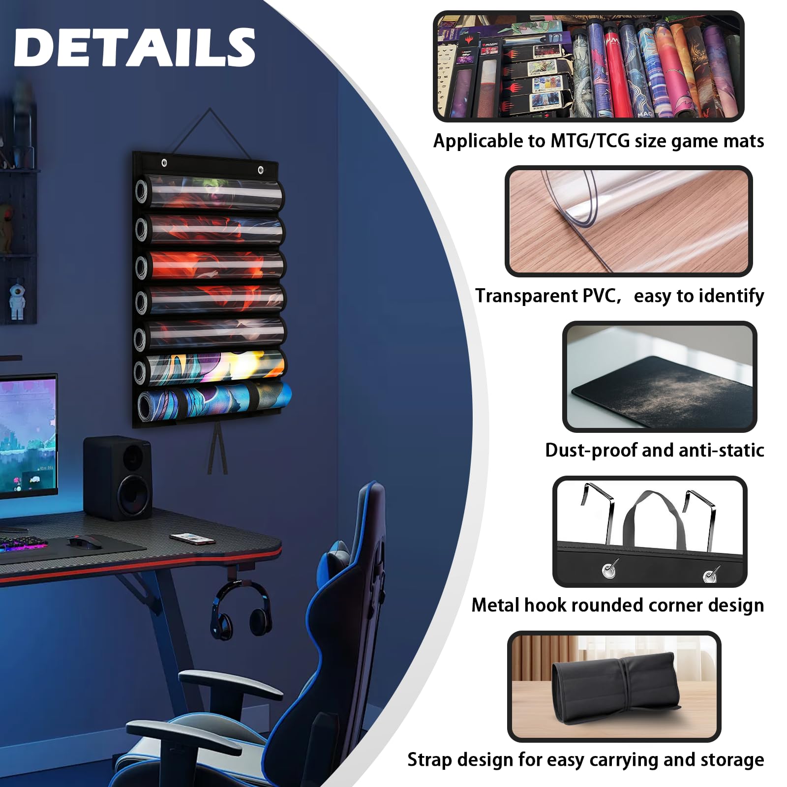 DHRRDE 6-Tube Playmat Organizer – Hanging Storage for MTG, TCG Mats with 2 Hooks and Clear Sleeves