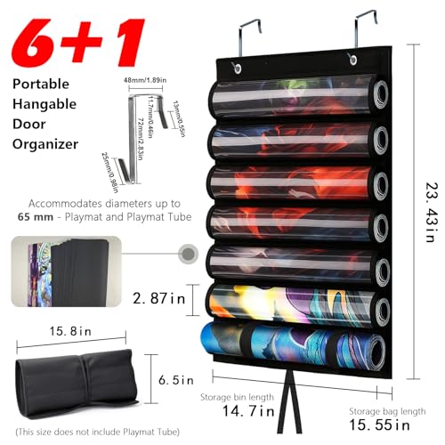 DHRRDE 6-Tube Playmat Organizer – Hanging Storage for MTG, TCG Mats with 2 Hooks and Clear Sleeves