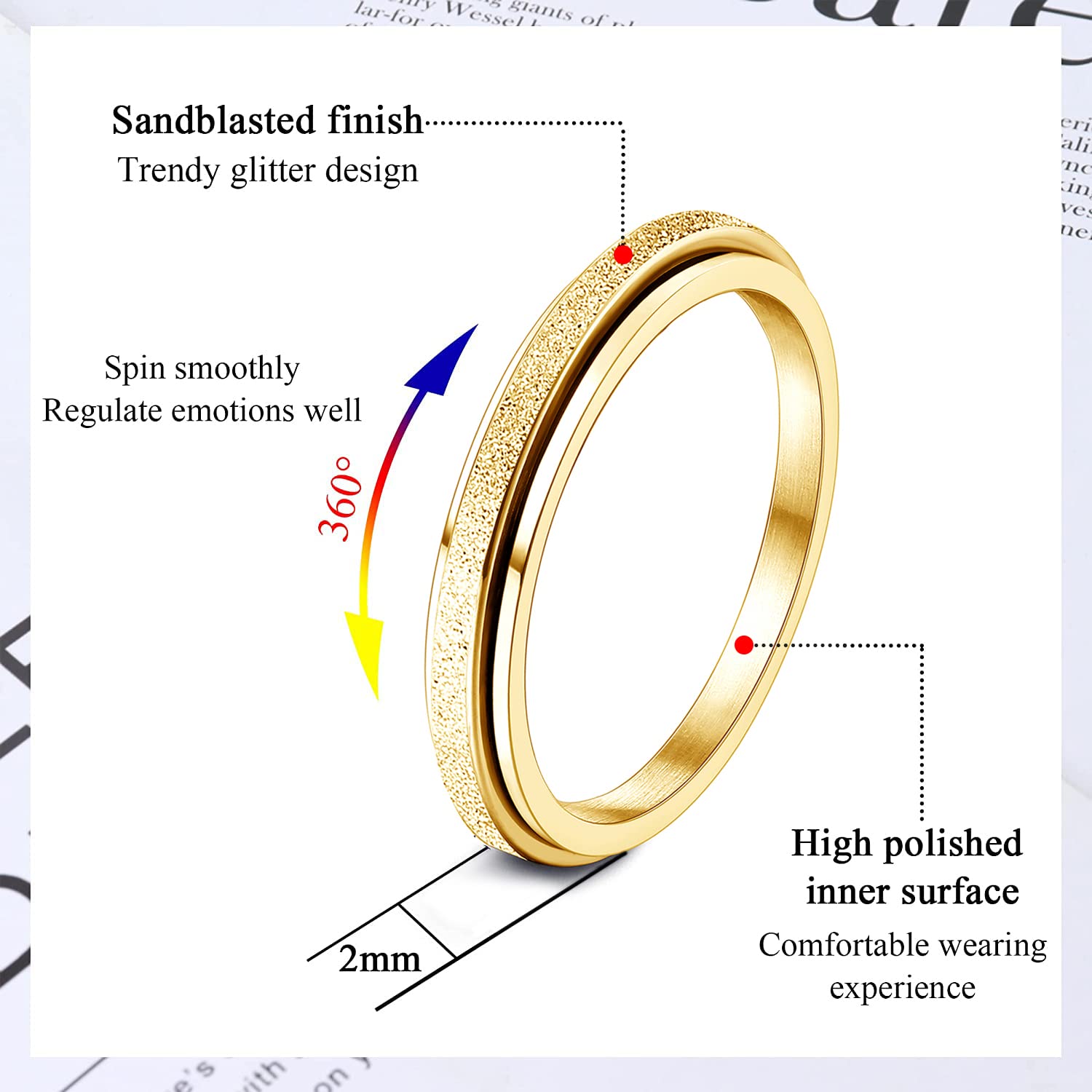 Diamday Fidget Ring for Anxiety – Titanium Steel Spinner Ring 2mm/4mm for Women Men
