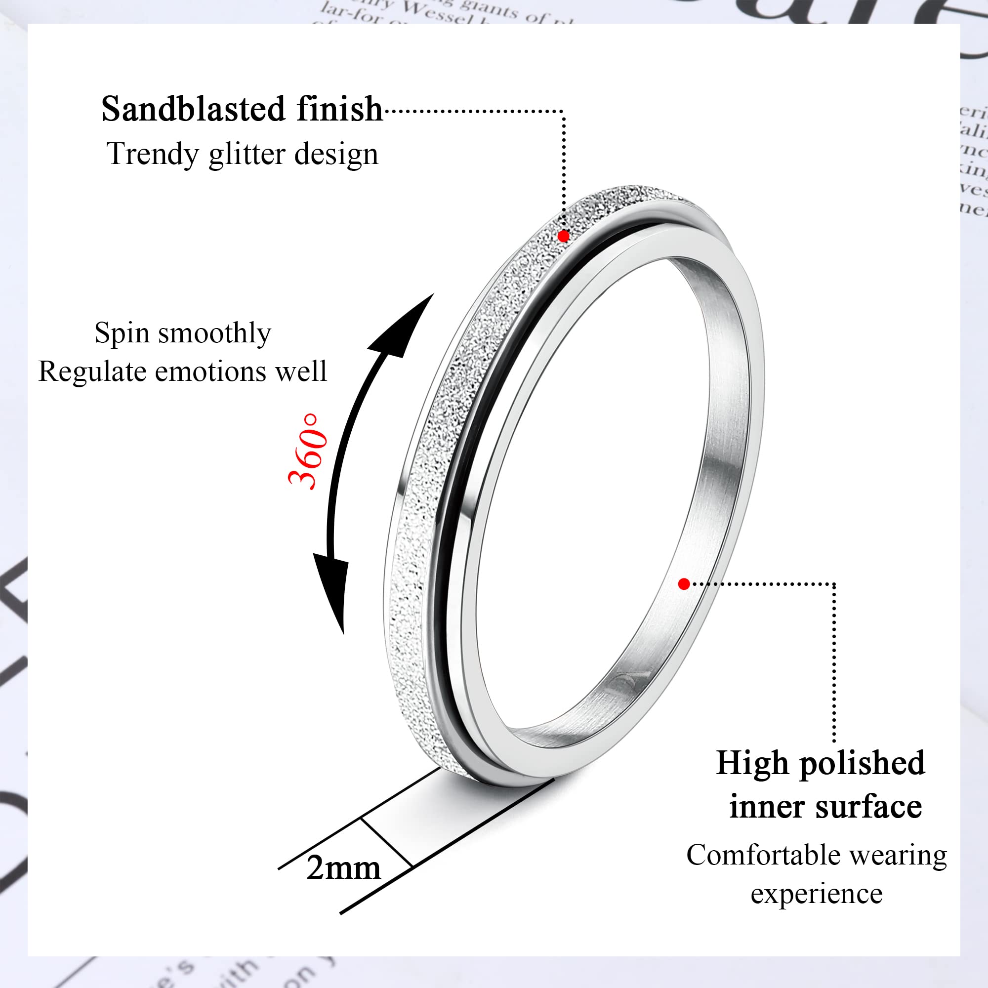 Diamday Titanium Steel Fidget Ring for Anxiety - 2mm/4mm Spinner Ring for Women Men - Sandblast Finish