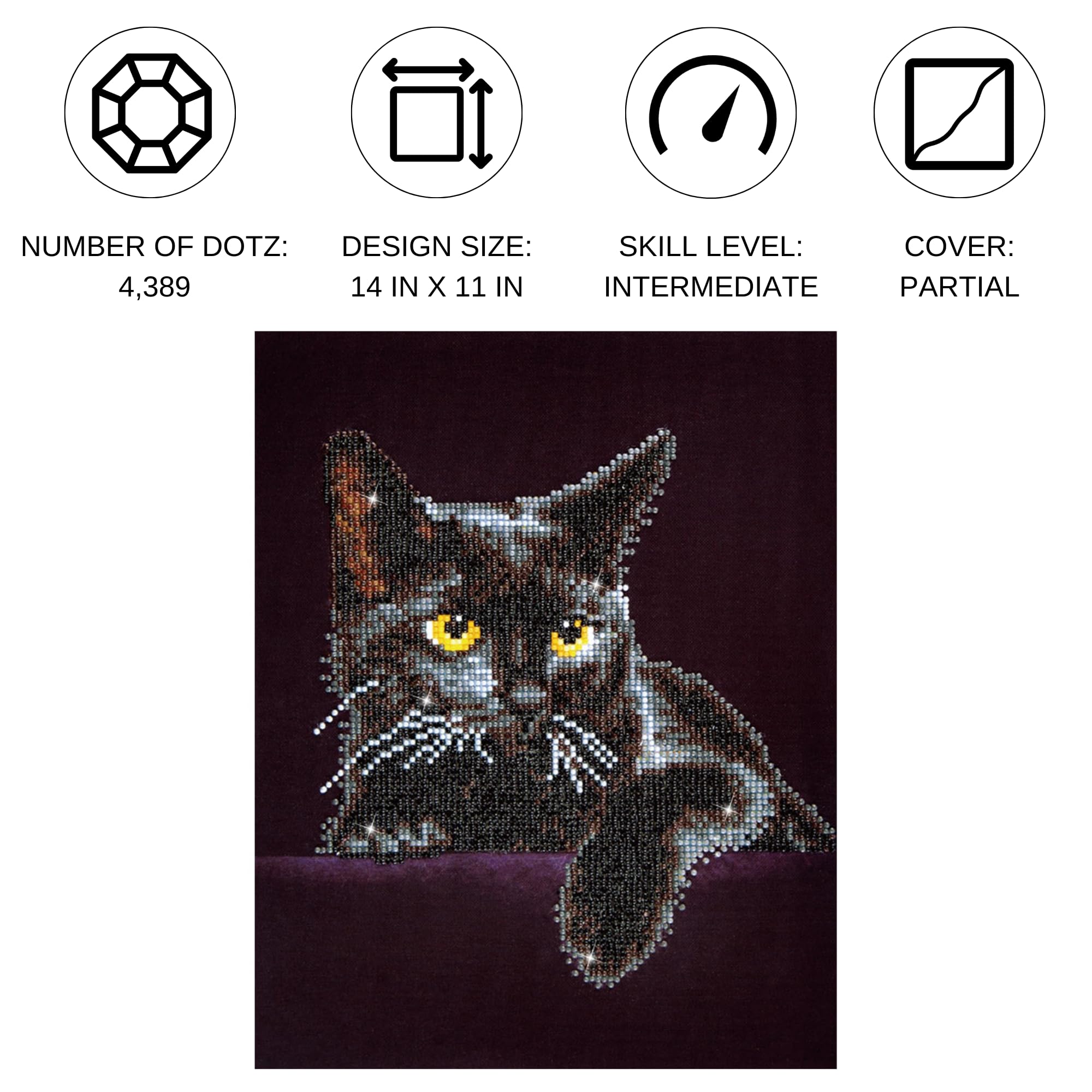 DIAMOND DOTZ Midnight Cat Diamond Art Kit – Partial Drill Round Dotz, 14x11 Inch Canvas for Adults