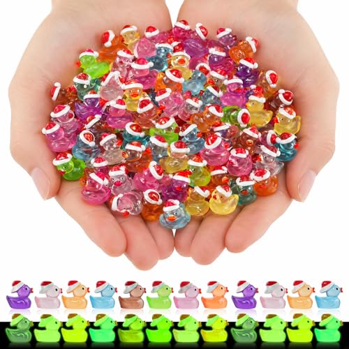Diinokiy 160-Piece Glow-in-the-Dark Mini Resin Ducks with Santa Hats for Christmas Decor, Fairy Gardens, DIY Projects