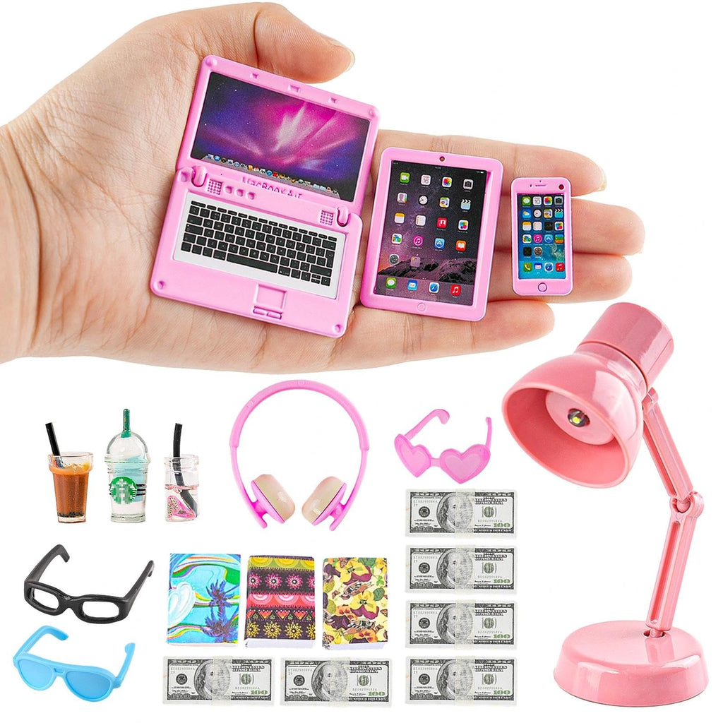 Diinokiy 20-Piece Dollhouse Miniature Accessories Set - Laptop, Tablet, Phone, Lamp, Glasses, Headset, Books, Coffee, Play Money - Pink