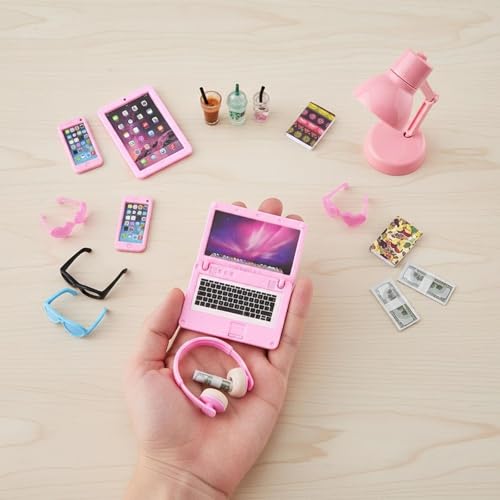 Diinokiy 20-Piece Dollhouse Miniature Accessories Set - Laptop, Tablet, Phone, Lamp, Glasses, Headset, Books, Coffee, Play Money - Pink