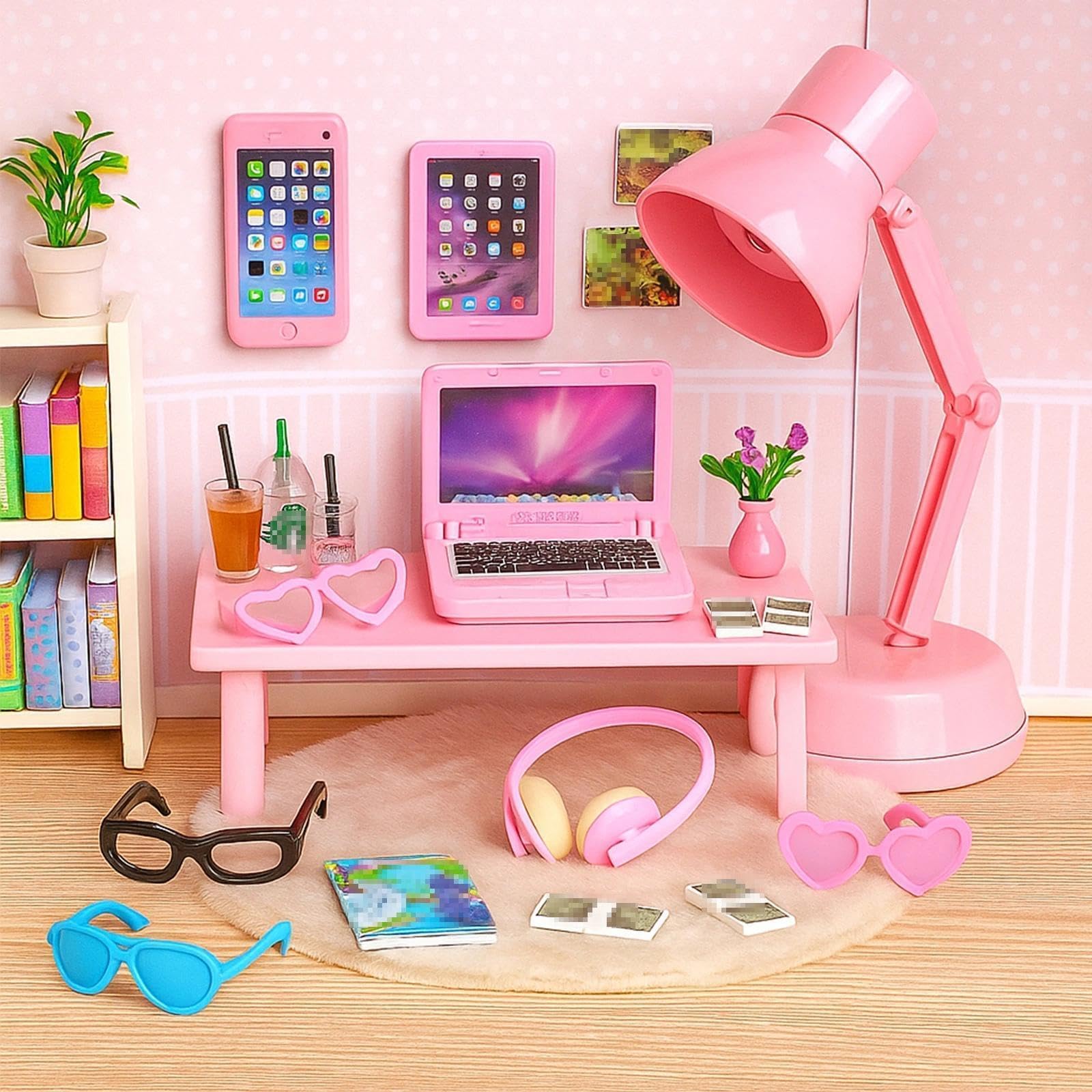 Diinokiy 20-Piece Dollhouse Miniature Accessories Set - Laptop, Tablet, Phone, Lamp, Glasses, Headset, Books, Coffee, Play Money - Pink