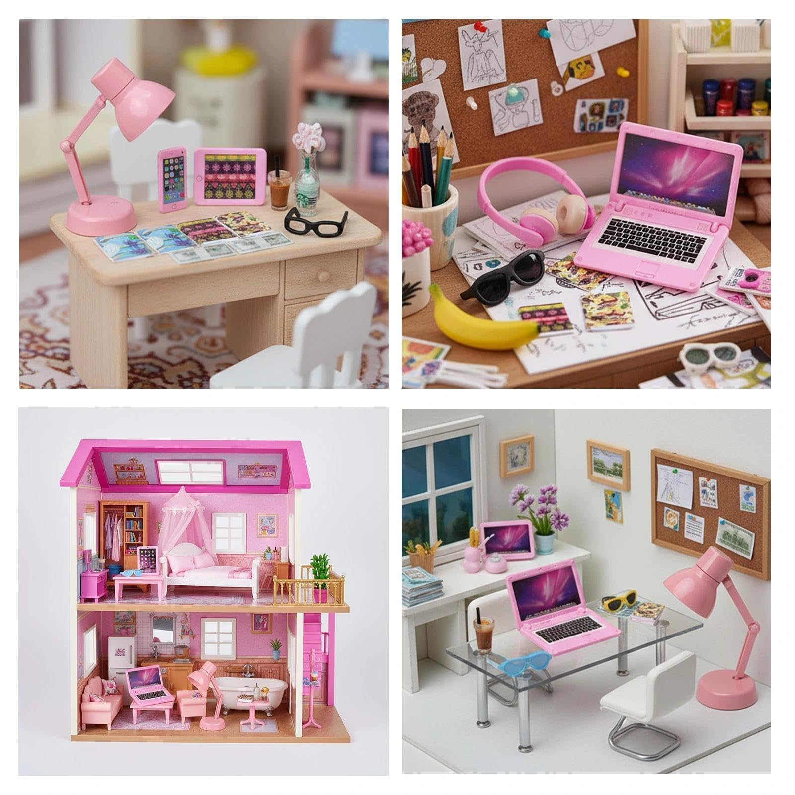 Diinokiy 20-Piece Dollhouse Miniature Accessories Set - Laptop, Tablet, Phone, Lamp, Glasses, Headset, Books, Coffee, Play Money - Pink