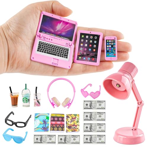 Diinokiy 20-Piece Dollhouse Miniature Accessories Set - Laptop, Tablet, Phone, Lamp, Glasses, Headset, Books, Coffee, Play Money - Pink