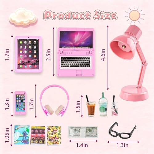 Diinokiy 20-Piece Dollhouse Miniature Accessories Set - Laptop, Tablet, Phone, Lamp, Glasses, Headset, Books, Coffee, Play Money - Pink