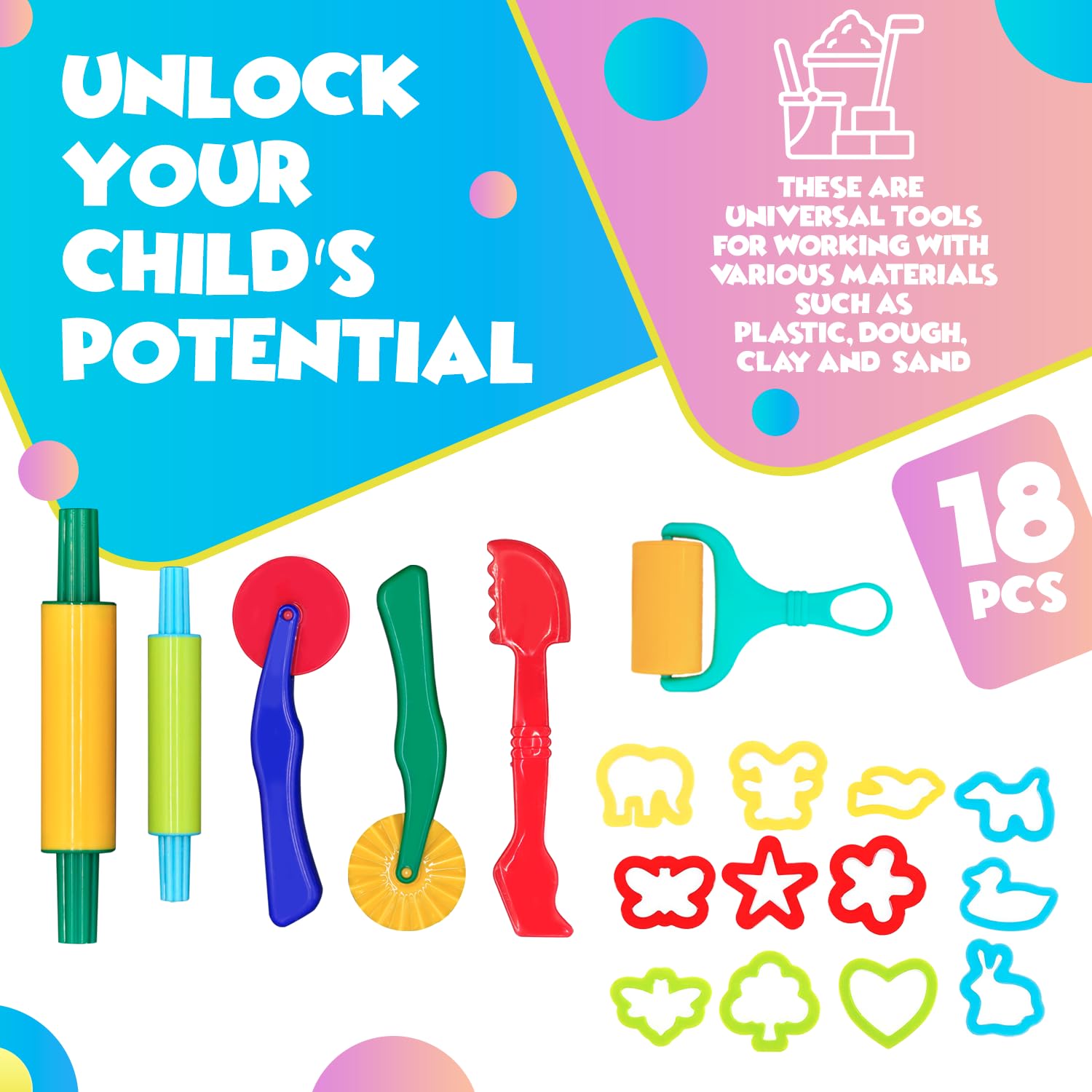 DIMROM 18-Piece Clay and Play Dough Tools Set - 6 Tools and 12 Shape Cutters for Creative Play