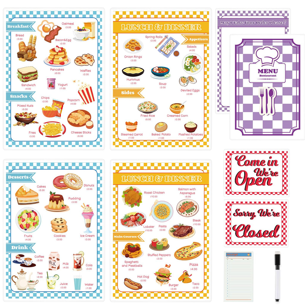Diner Restaurant Play Set: 2 Double-Sided Menus, Open/Closed Sign, 60-Page Receipt Book, Erasable Pen