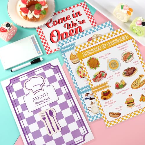 Diner Restaurant Play Set: 2 Double-Sided Menus, Open/Closed Sign, 60-Page Receipt Book, Erasable Pen