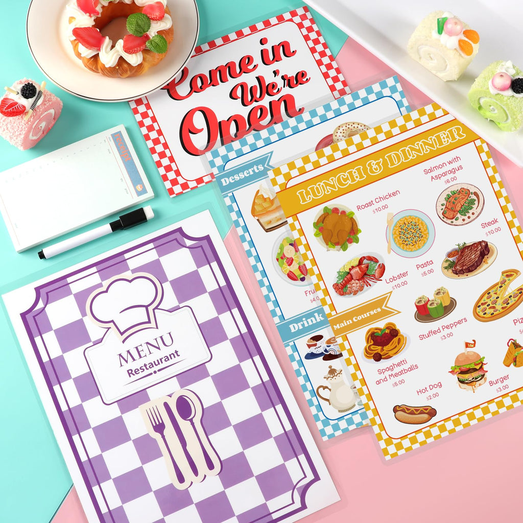 Diner Restaurant Play Set: 2 Double-Sided Menus, Open/Closed Sign, 60-Page Receipt Book, Erasable Pen