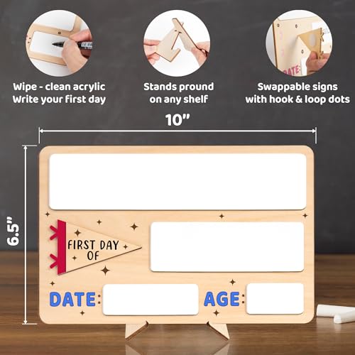 DINIZON First Day of School Sign 10x6.5 in - Reusable Wooden Chalkboard for Preschool Pre-K Kindergarten - Includes Marker, Easy to Clean Blue Board