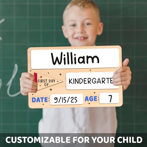 DINIZON First Day of School Sign 10x6.5 in - Reusable Wooden Chalkboard for Preschool Pre-K Kindergarten - Includes Marker, Easy to Clean Blue Board