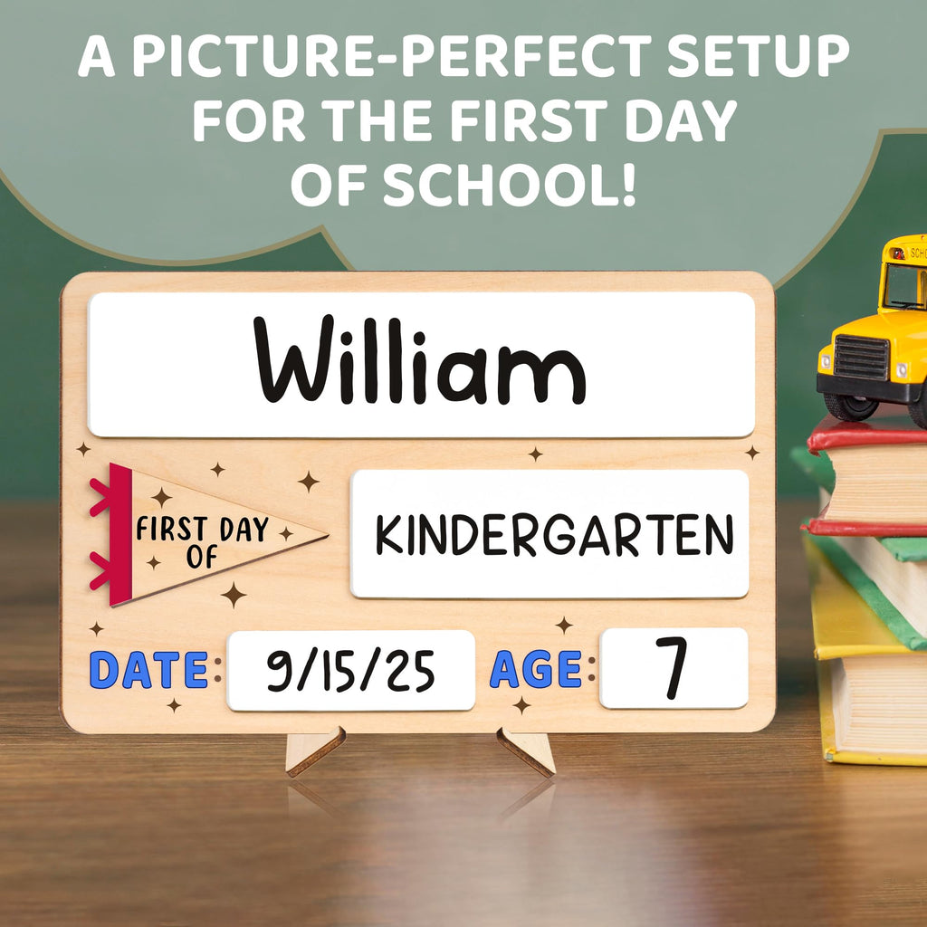DINIZON First Day of School Sign 10x6.5 in - Reusable Wooden Chalkboard for Preschool Pre-K Kindergarten - Includes Marker, Easy to Clean Blue Board
