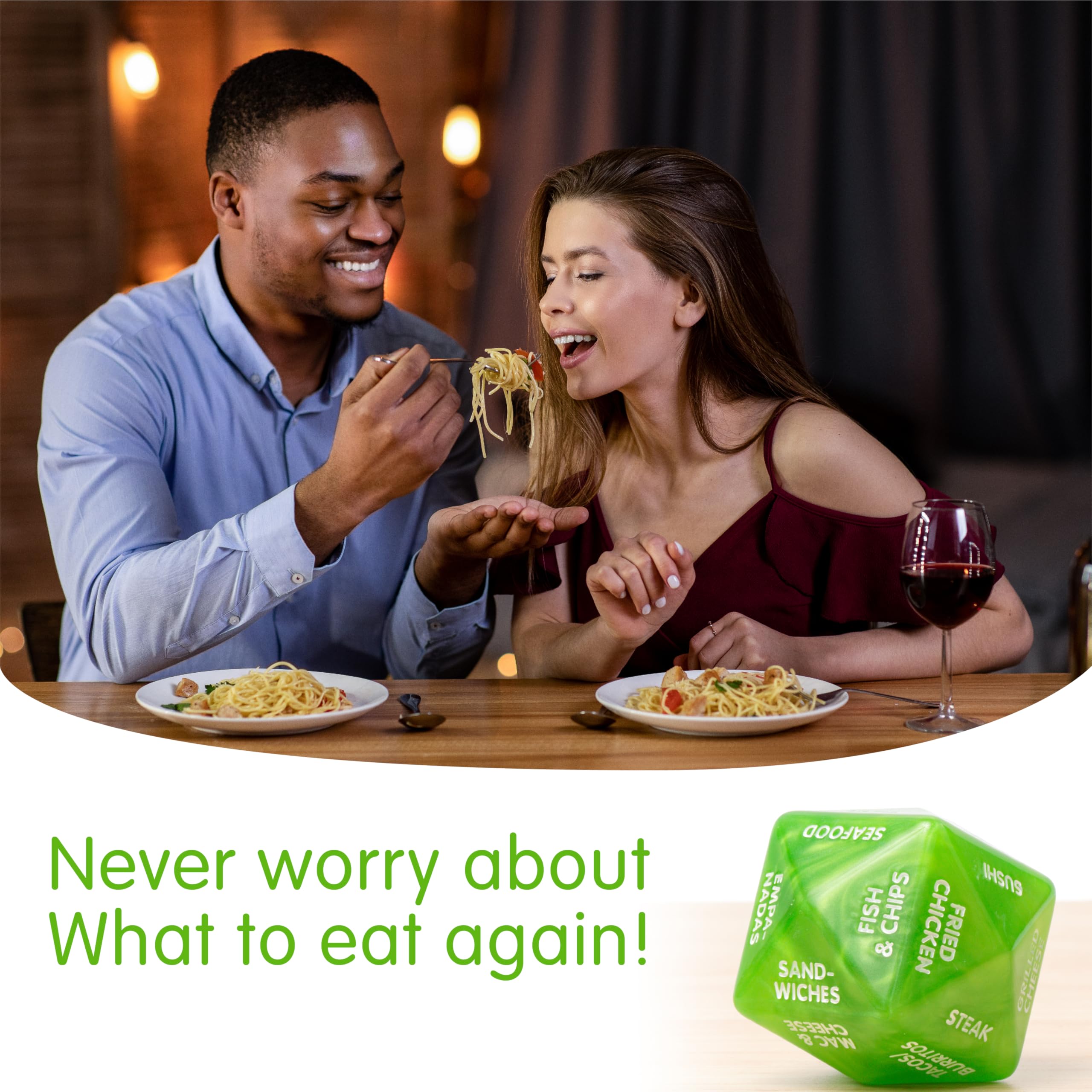 Dinner Dice – Green 2-Inch Meal Decision Dice for Couples with 24 Dining Options