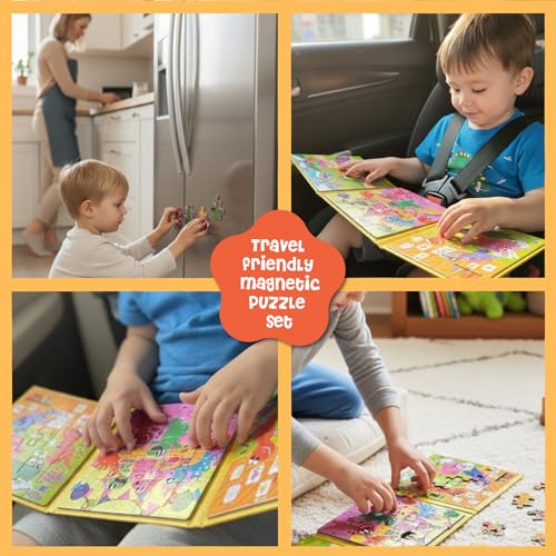 DINO MINI Magnetic Puzzle Set for Toddlers 3-5 - 3 x 20 Piece Dinosaurs Puzzles, Tri-Fold Travel Activity