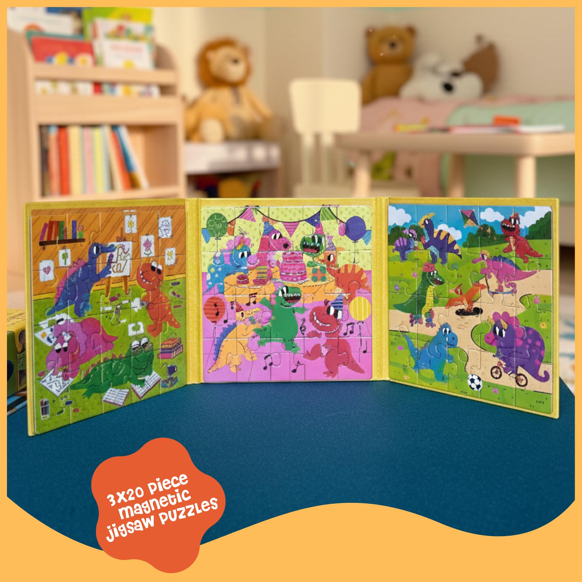 DINO MINI Magnetic Puzzle Set for Toddlers 3-5 - 3 x 20 Piece Dinosaurs Puzzles, Tri-Fold Travel Activity