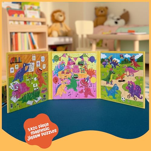 DINO MINI Magnetic Puzzle Set for Toddlers 3-5 - 3 x 20 Piece Dinosaurs Puzzles, Tri-Fold Travel Activity